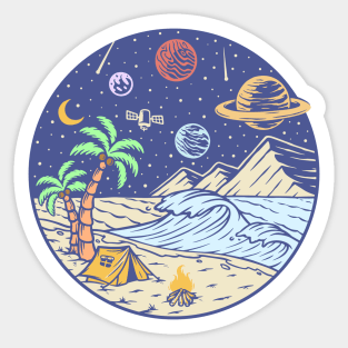 Camping under the moon and Planets - hand drawn Sticker